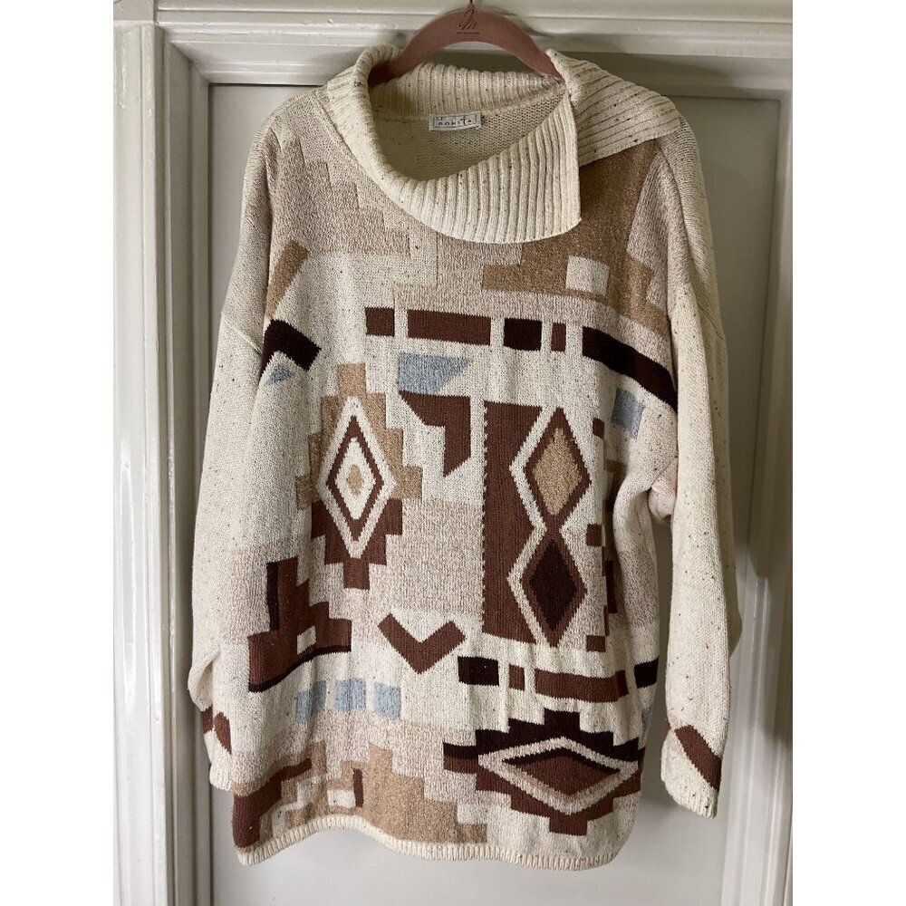Bonita Vintage 90s Aztec Southwest Print Cowl Neck Knit Sweater Boho Grunge L